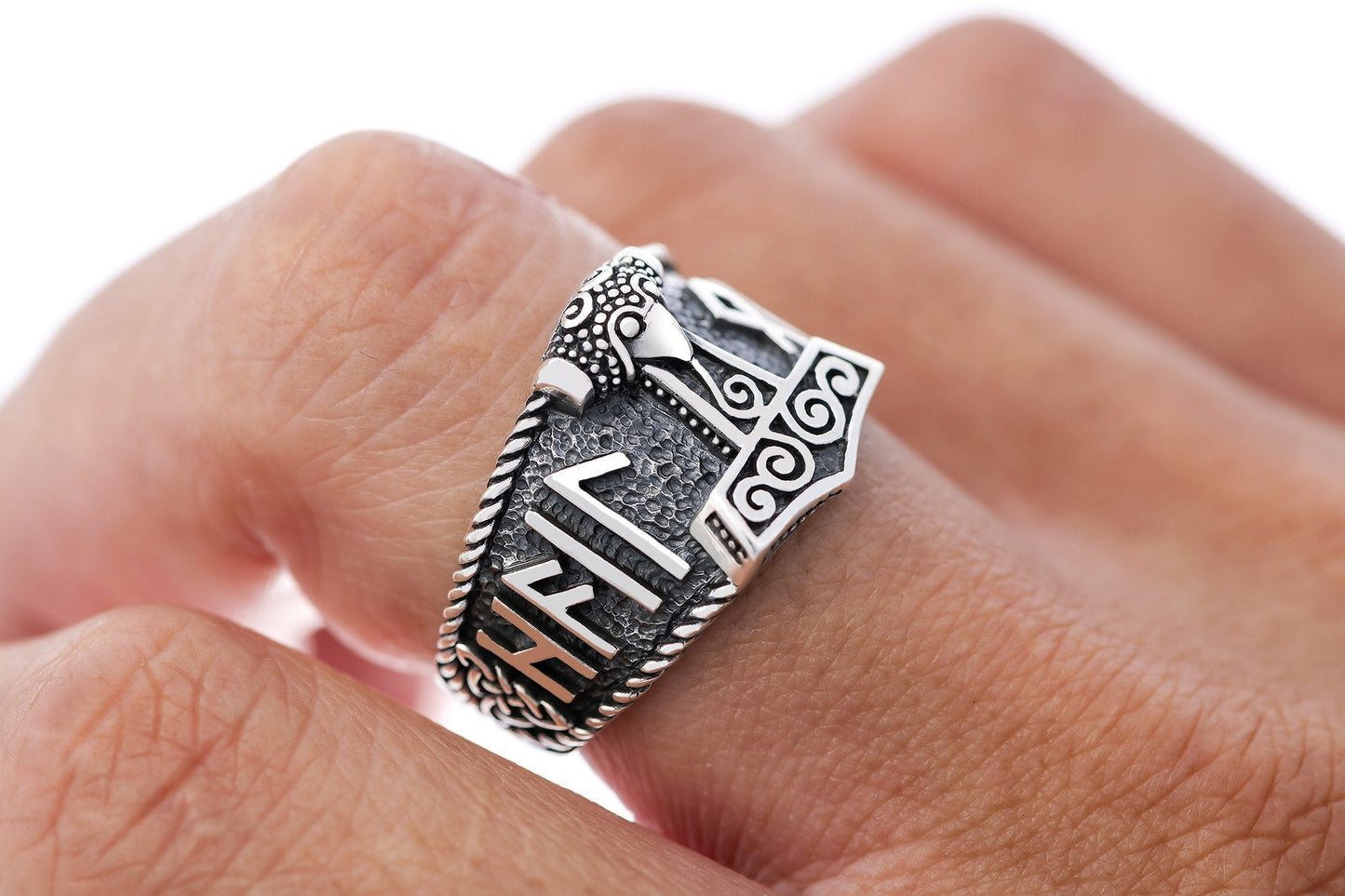 Sterling Silver Viking Mjolnir with Hail Odin Script Ring - SilverMania925