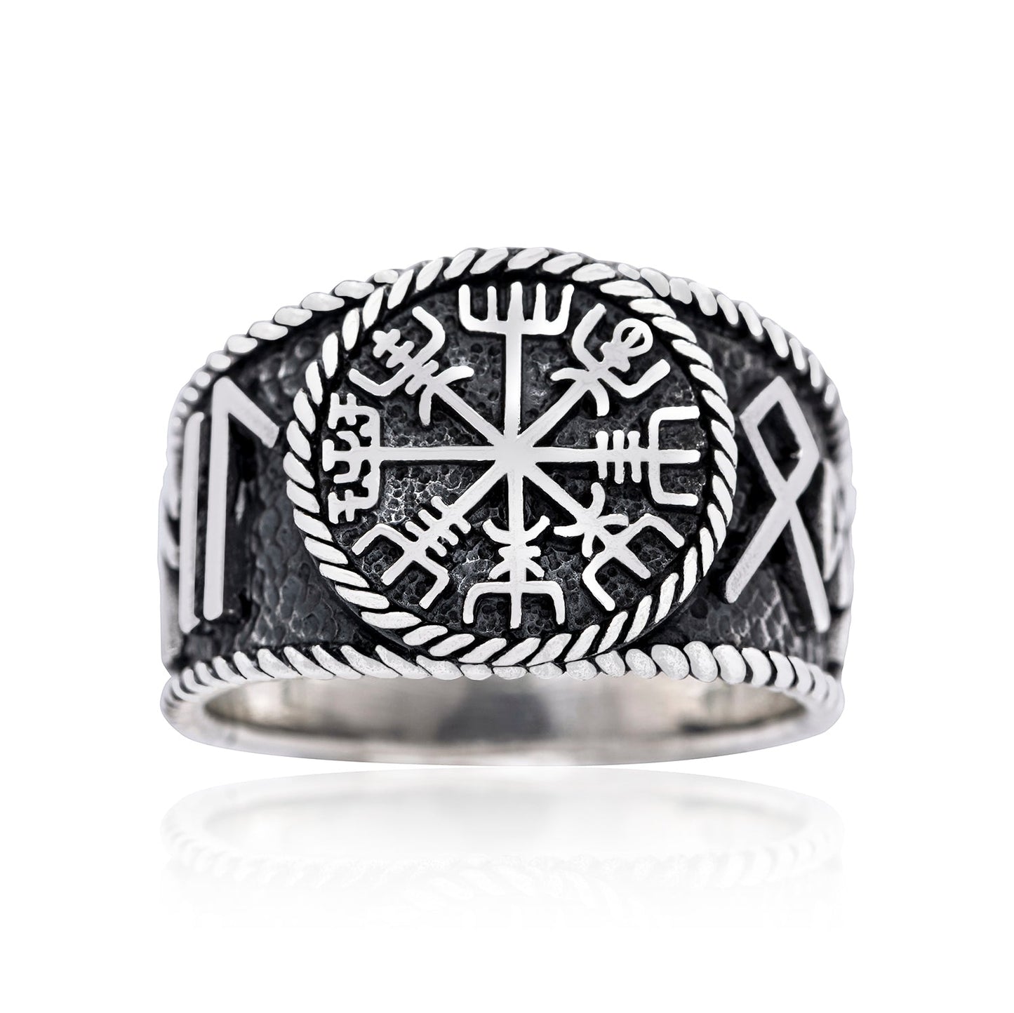 925 Sterling Silver Viking Vegvisir with Runes Ring - SilverMania925