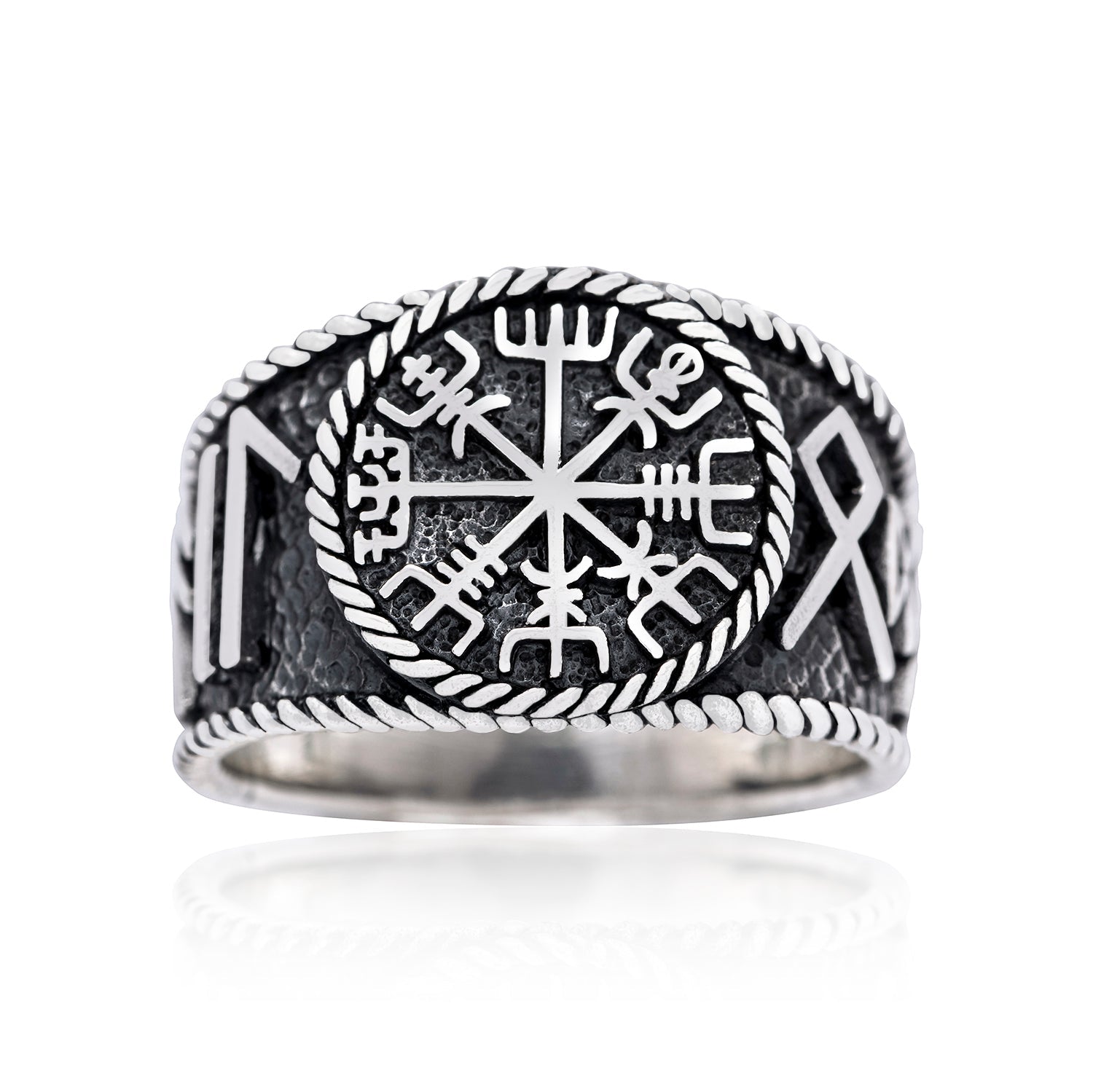 925 Sterling Silver Viking Vegvisir with Runes Ring
