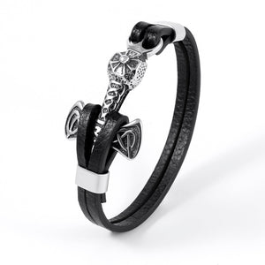 Stainless Steel Viking Mjolnir with Black Leather Bracelet