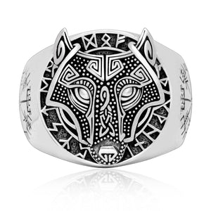 Sterling Silver Viking Ring with Fenrir and Vegvisir