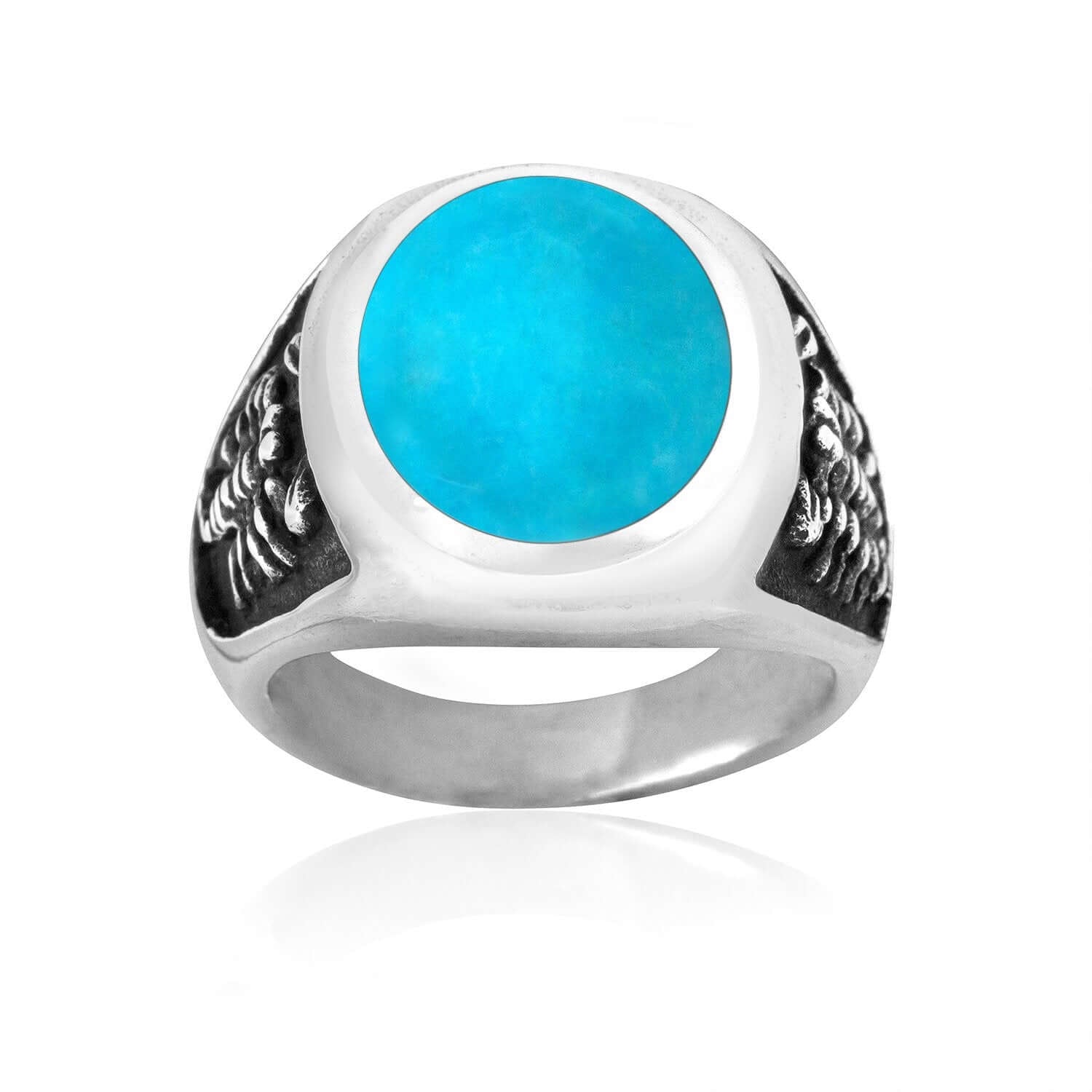 925 Sterling Silver Mens Oval Turquoise Engraved Scorpion Thick Ring - SilverMania925