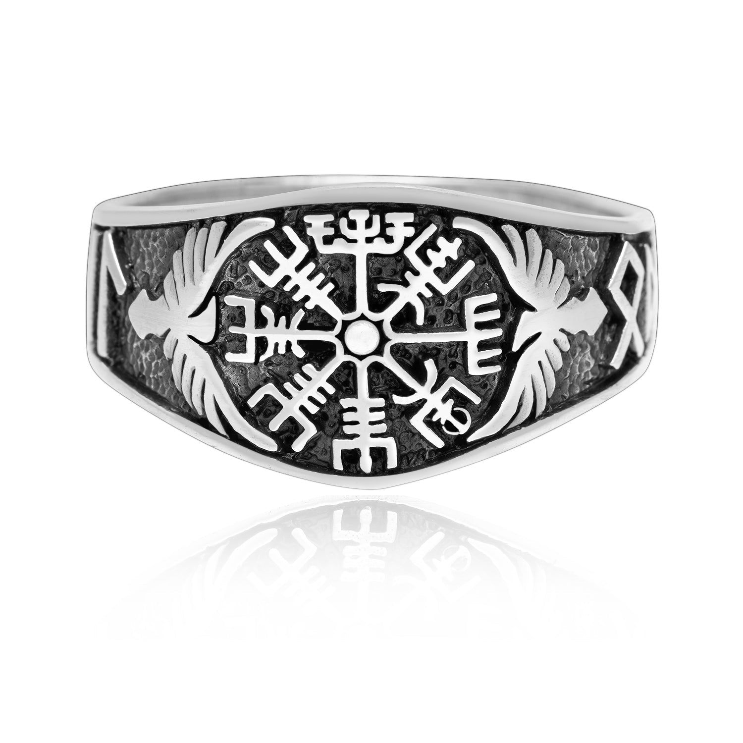 925 Sterling Silver Viking Vegvisir Ring with Raven and Runes