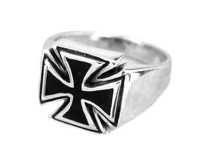 925 Sterling Silver Mens Maltese Iron Cross Gothic Biker Black Enamel Ring