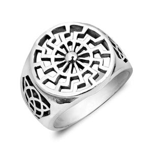 925 Sterling Silver German Schwarze Sonne Black Sun Wheel Sonnenrad Celtic Knot Ring