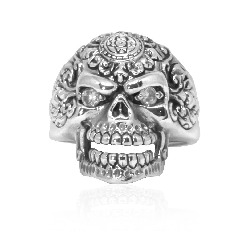 925 Sterling Silver Sugar Flower Skull Clear CZ Eyes Gothic Tattoo Biker Thick Ring - SilverMania925