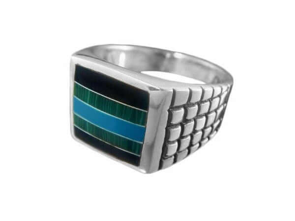 925 Sterling Silver Mens Square Onyx Malachite Turquoise Ring - SilverMania925