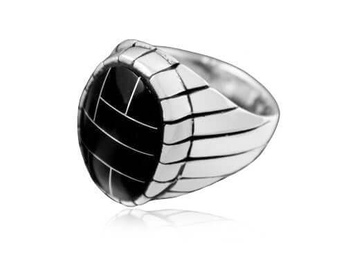925 Sterling Silver Mens Black Onyx Engraved Sides Oval Thick Solid Ring - SilverMania925