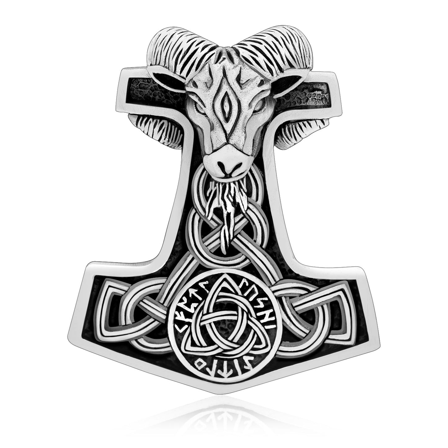 925 Sterling Silver Viking Mjolnir Goat Amulet with Triquetra Knot - SilverMania925