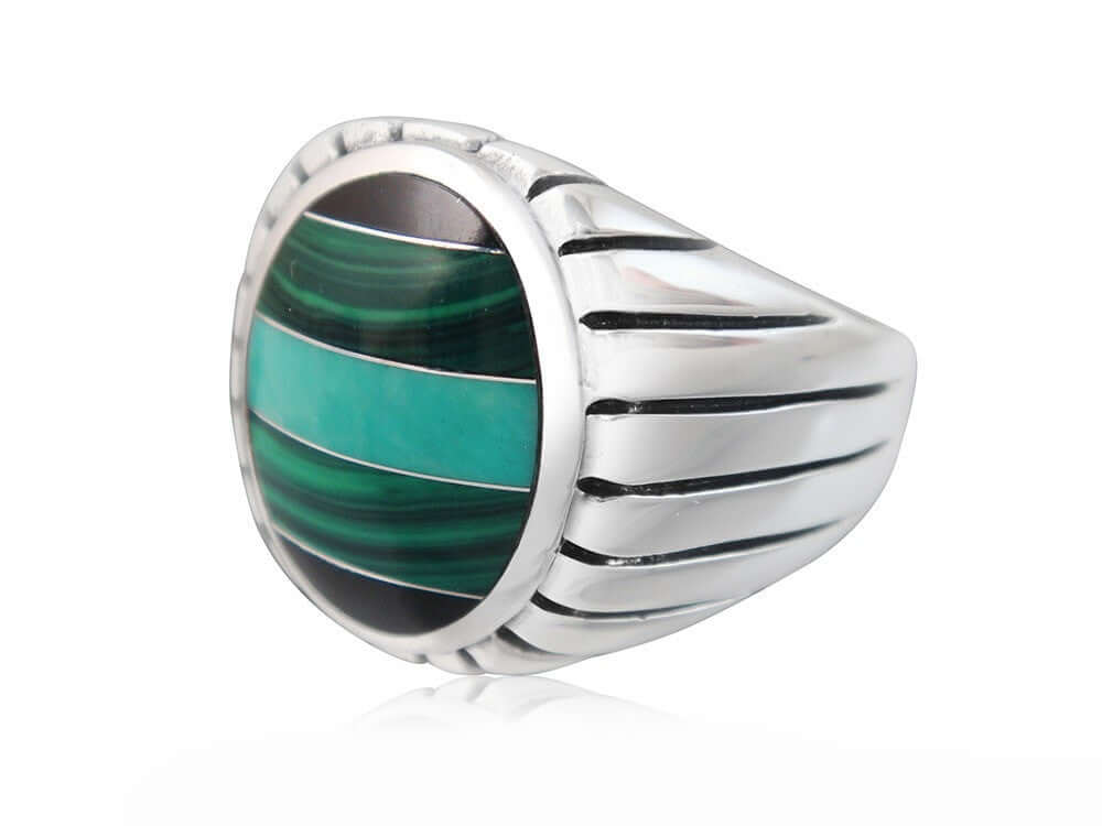 925 Sterling Silver Mens Onyx Malachite Turquoise Engraved Sides Solid High Polish Ring - SilverMania925