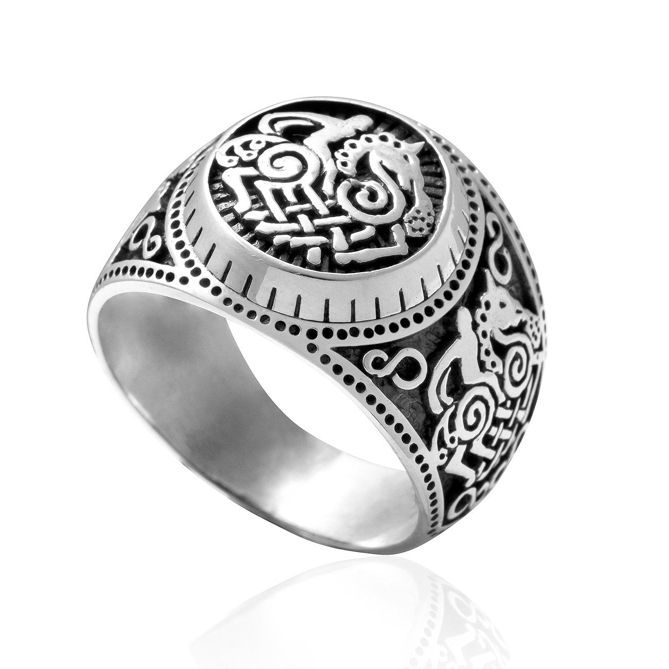 925 Sterling Silver Sleipnir Viking Horse Odin's Steed Signet Norse Ring - SilverMania925