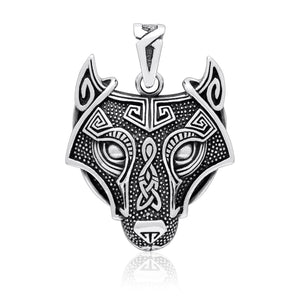 925 Sterling Silver Viking Wolf Fenrir Head Norse Knotwork Amulet Pendant