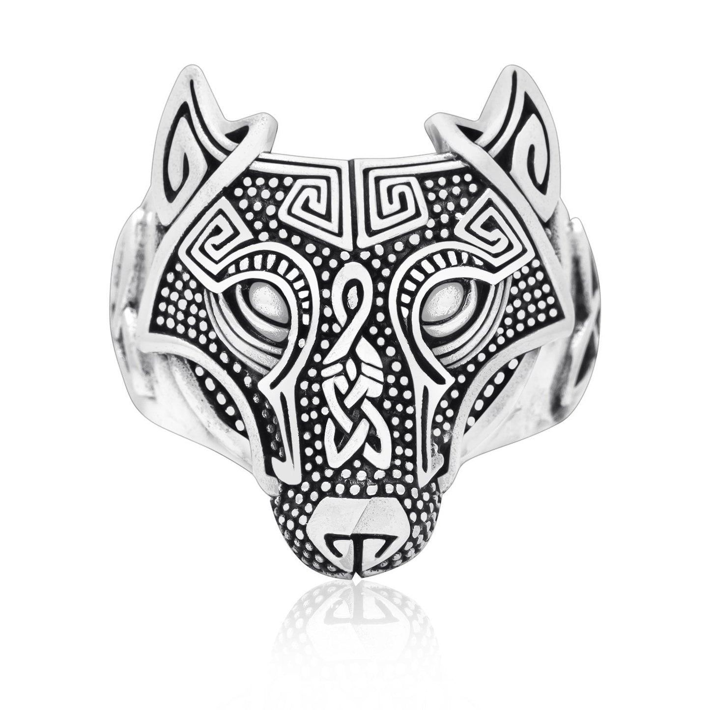 925 Sterling Silver Viking Wolf Fenrir Head Ring - SilverMania925