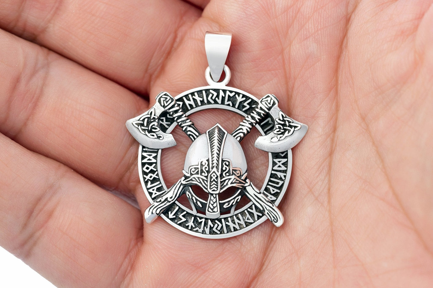 925 Sterling Silver Viking Helmet and Axes Pendant with Runes - SilverMania925