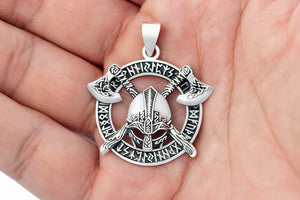 925 Sterling Silver Viking Helmet and Axes Pendant with Runes