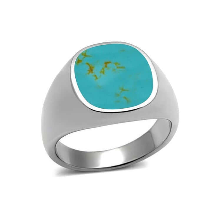 925 Sterling Silver Mens Inlay Turquoise High Polish Classic Band Solid Ring - SilverMania925