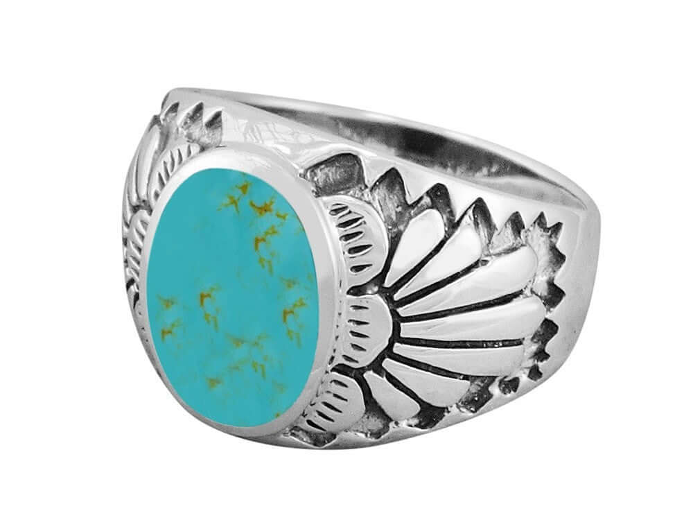 925 Sterling Silver Mens Inlay Genuine Turquoise Native American Indian Ring - SilverMania925
