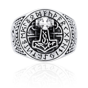 925 Sterling Silver Viking Thor Hammer Mjolnir Runes Ring