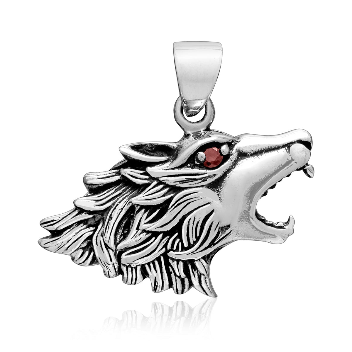 925 Sterling Silver Wolf Head Pendant with Red Cubic Zirconia Eye - SilverMania925