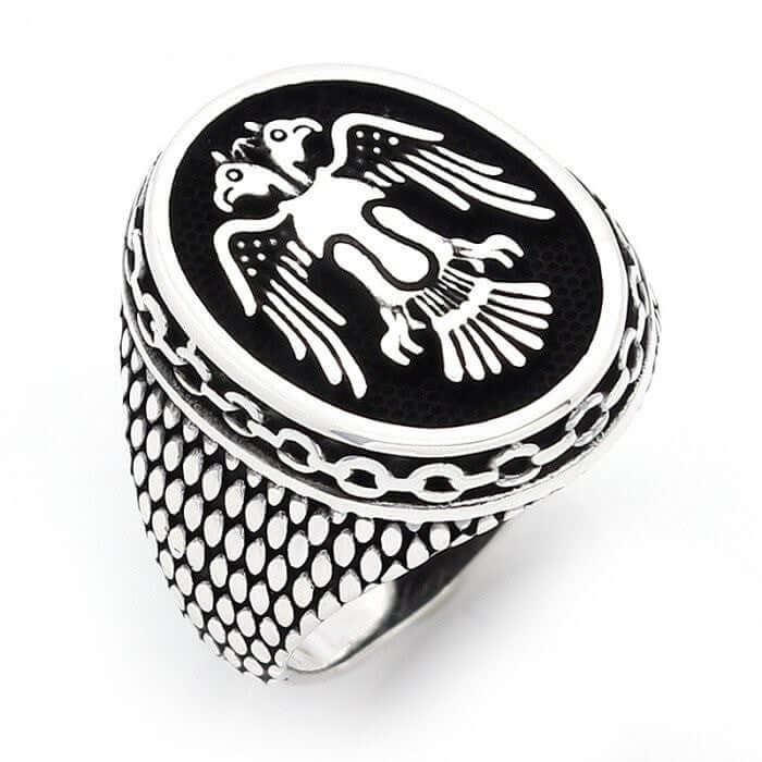 925 Sterling Silver Handmade Double-Headed Eagle Selcuklu Mens Oxidized Ring - SilverMania925