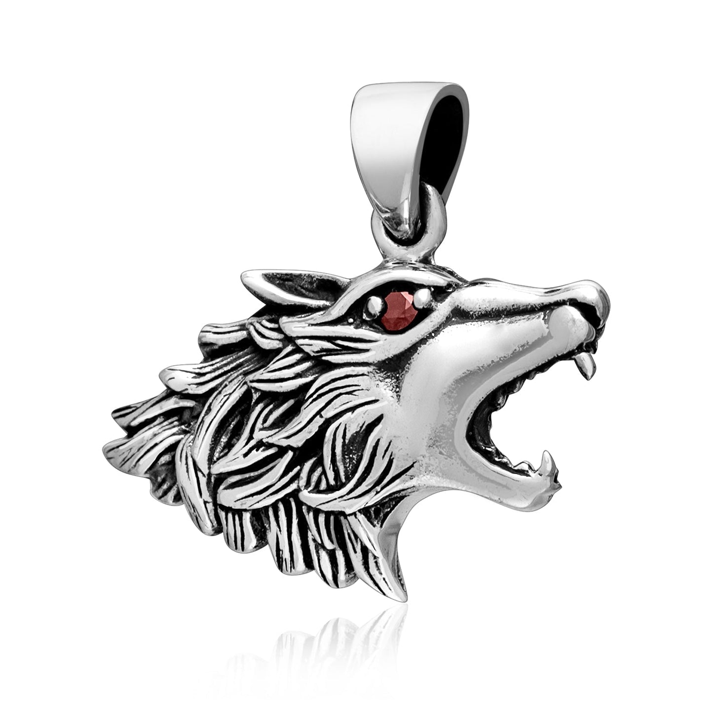 925 Sterling Silver Wolf Head Pendant with Red Cubic Zirconia Eye - SilverMania925