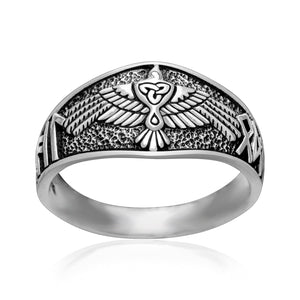 925 Sterling Silver Viking Raven Ring with Heil Odin Runic Script