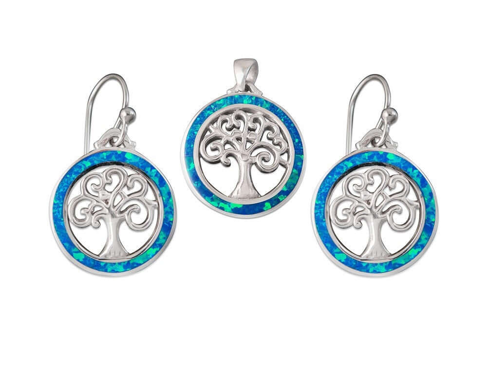 925 Sterling Silver Hawaiian Blue Fire Opal Celtic Tree of Life Dangle Earrings Pendant Set