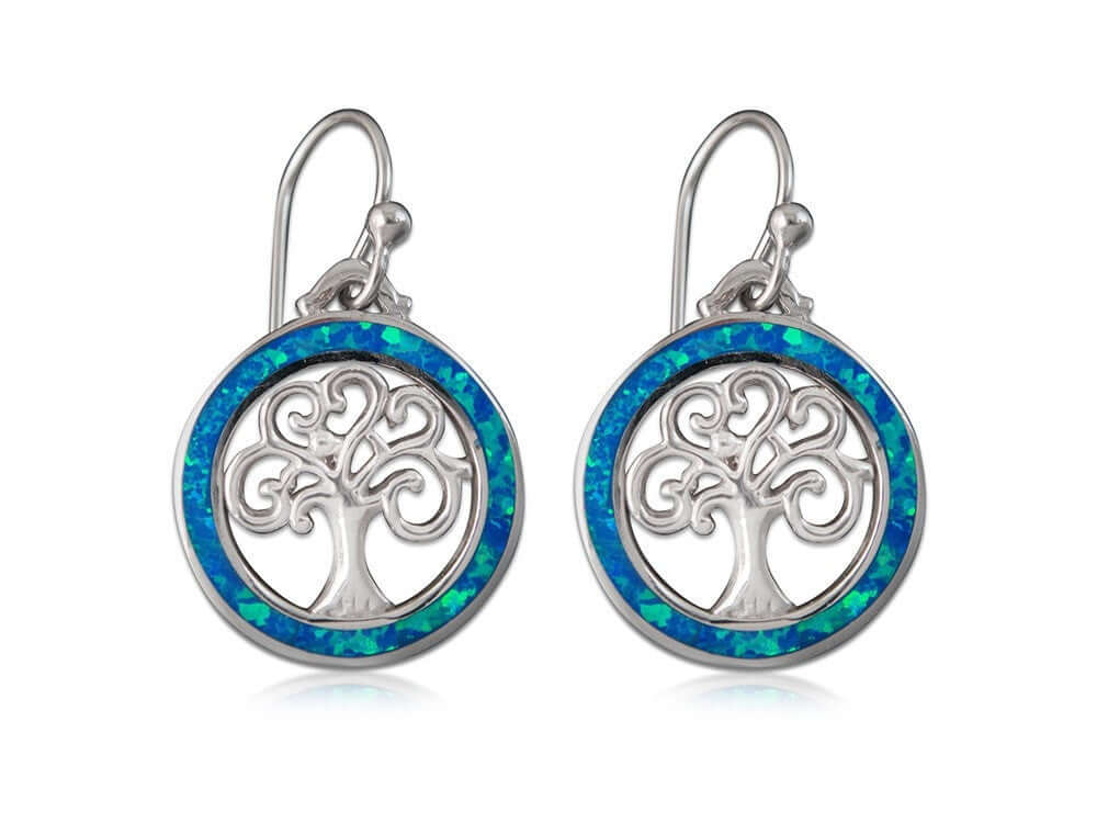 925 Sterling Silver Hawaiian Blue Fire Opal Celtic Tree of Life Dangle Earrings Set