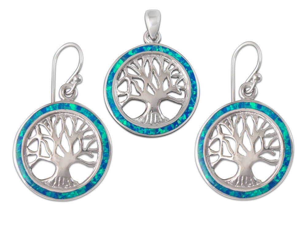 925 Sterling Silver Hawaiian Blue Fire Opal Tree of Life Dangle Earrings Pendant Set - SilverMania925