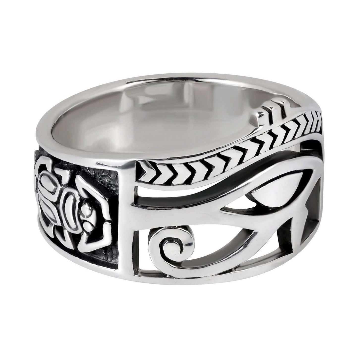 925 Sterling Silver Egyptian Eye of Horus Udjat Egypt Ankh Scarab Band Ring - SilverMania925