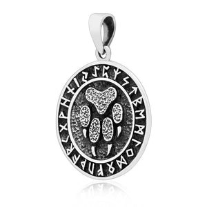 925 Sterling Silver Viking Bear Paw Footprint Pendant with Runes