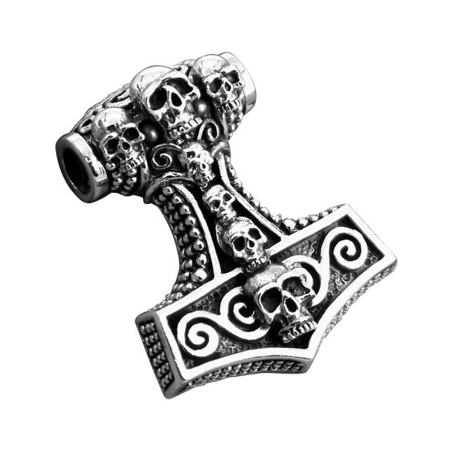 925 Sterling Silver Viking Thor Hammer Mjolnir Gothic Skulls Tomb Amulet Pendant - SilverMania925