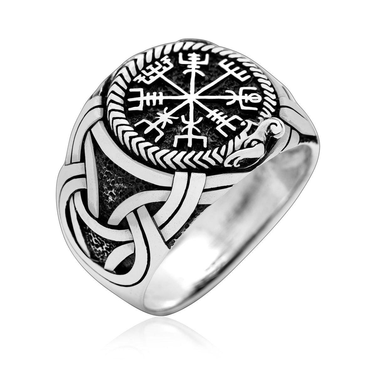 925 Sterling Silver Viking Vegvisir and Jormungand Ring - SilverMania925