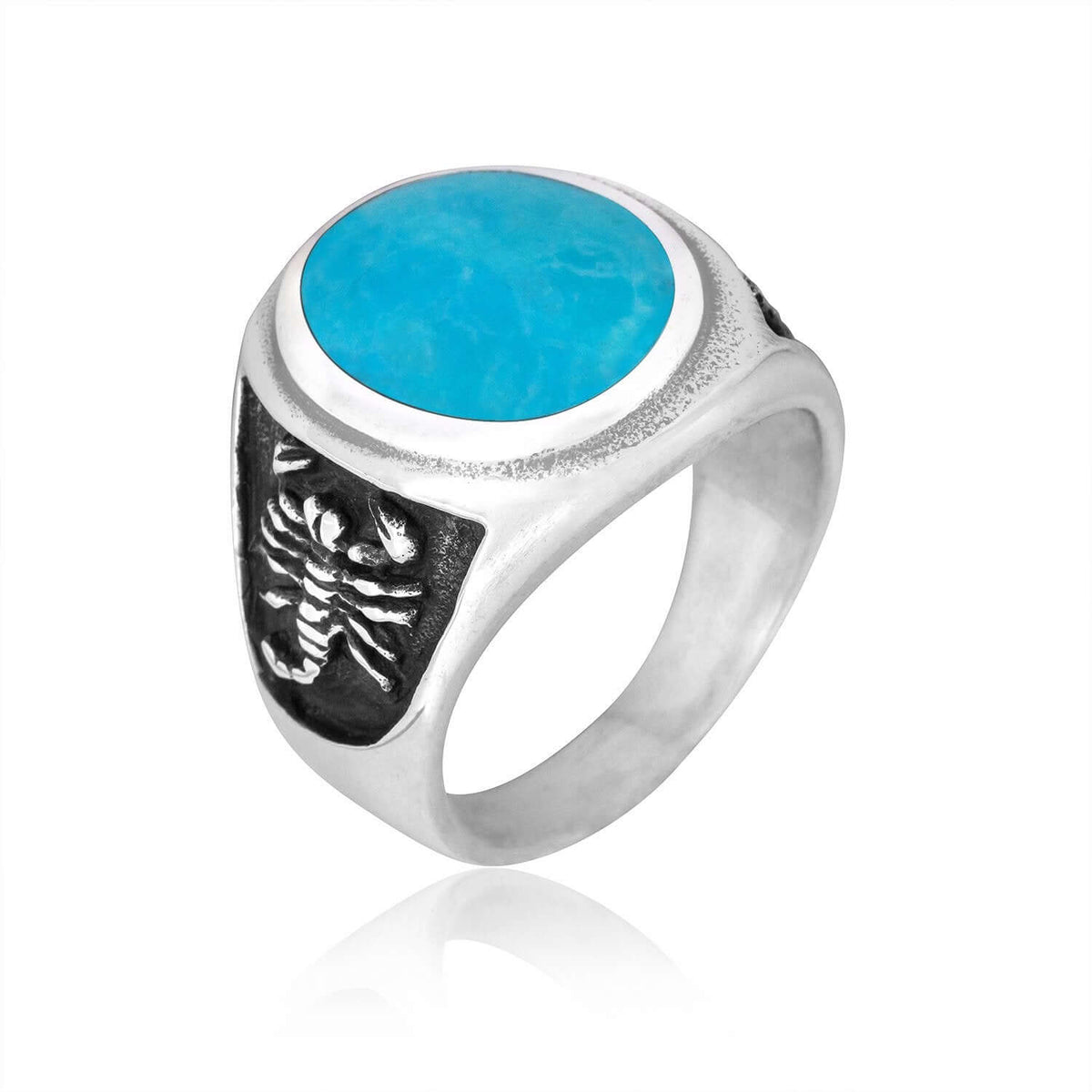 925 Sterling Silver Mens Oval Turquoise Engraved Scorpion Thick Ring - SilverMania925