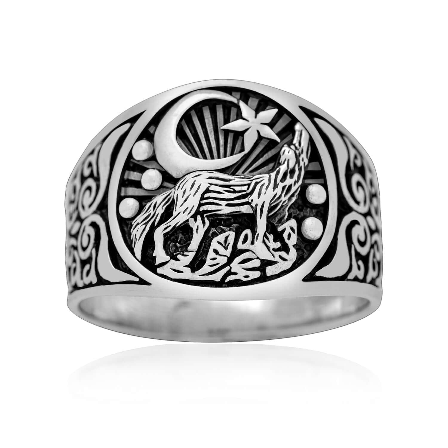925 Sterling Silver Howling Wolf Wiccan Ring
