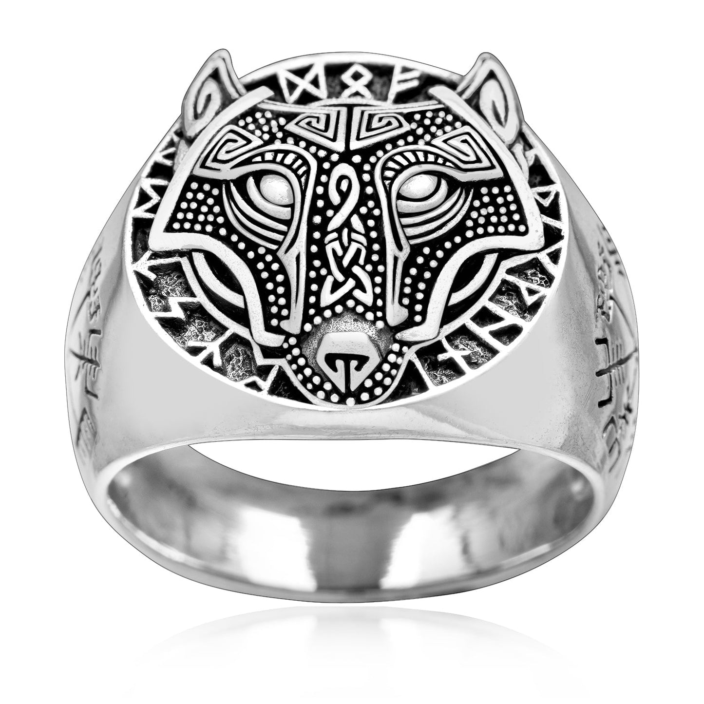 Sterling Silver Viking Ring with Fenrir and Vegvisir - SilverMania925