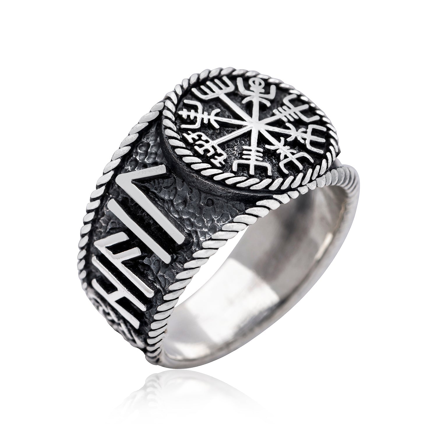 925 Sterling Silver Viking Vegvisir with Runes Ring