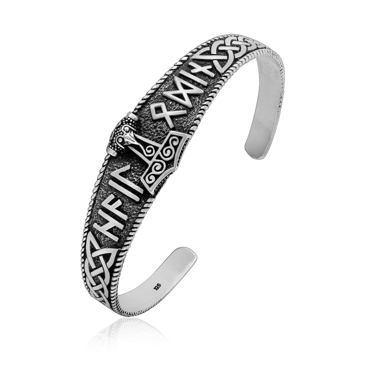 925 Sterling Silver Mjolnir with Hail Odin Runes Bangle - SilverMania925