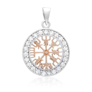 925 Sterling Silver with Rose Gold Viking Vegvisir and Cubic Zirconia Charm