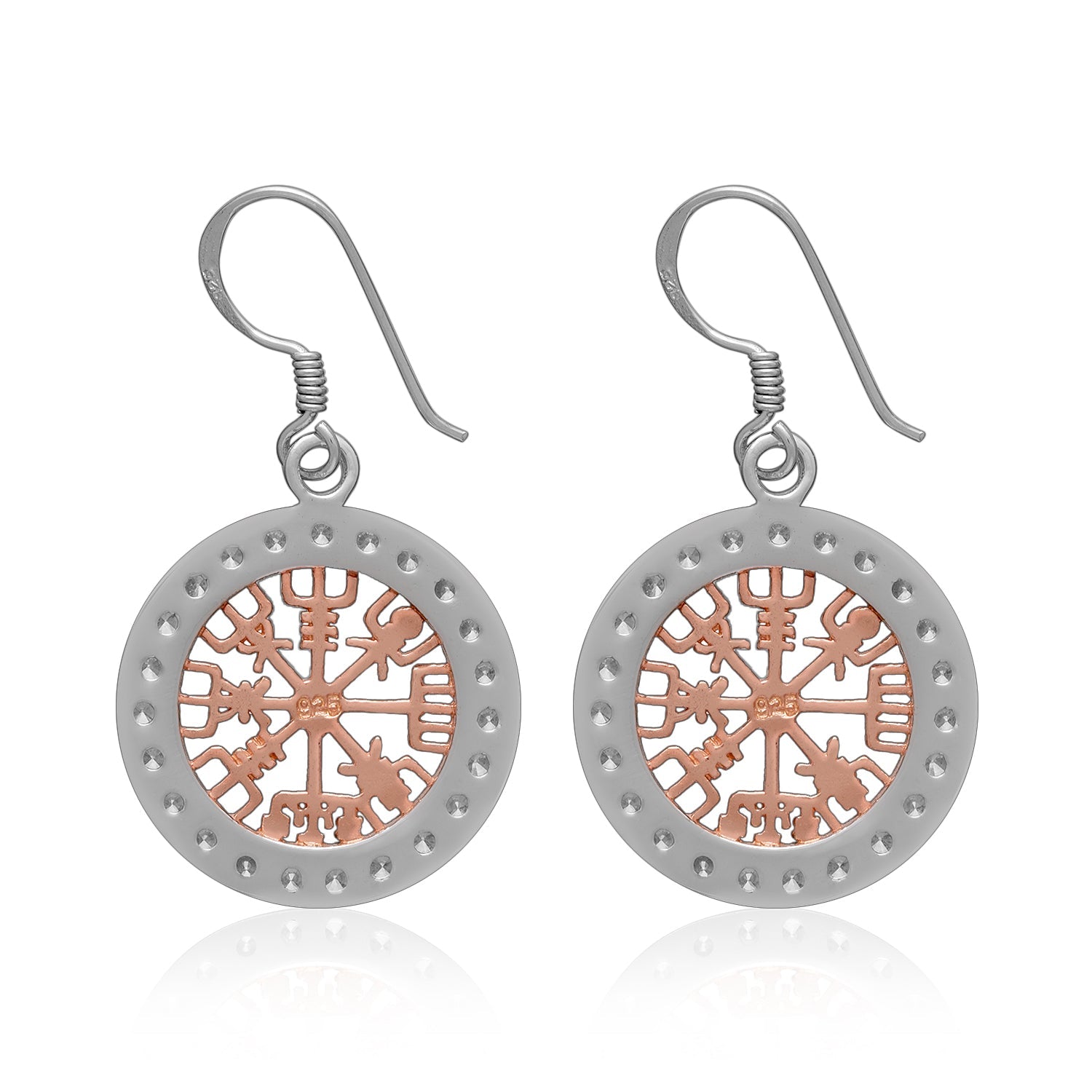 Sterling Silver with Rose Gold Viking Vegvisir and Cubic Zirconia Earrings - SilverMania925
