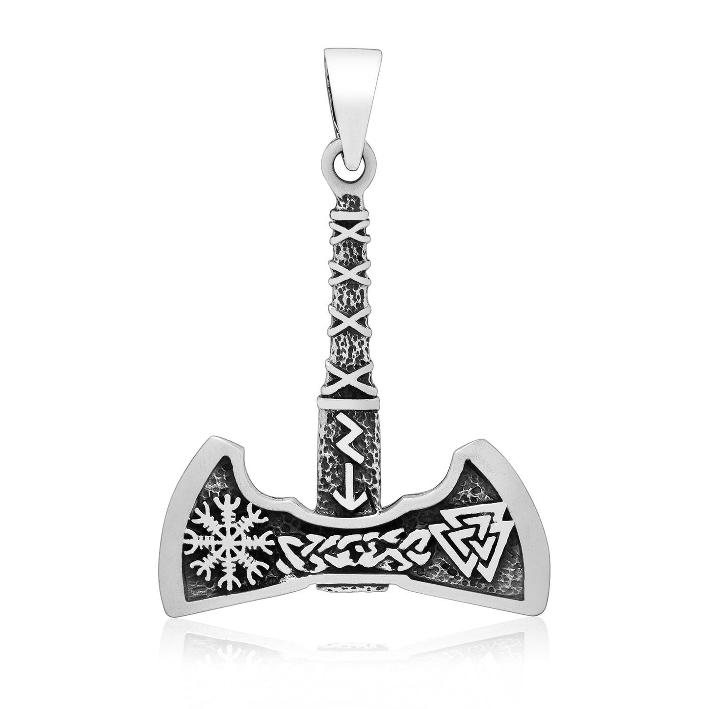 925 Sterling Silver Viking Axe with Valknut and Helm of Awe Pendant - SilverMania925