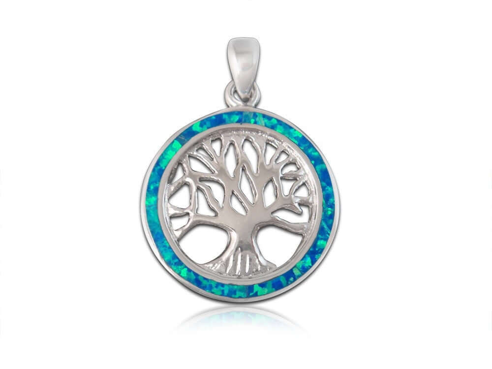 925 Sterling Silver Hawaiian Blue Fire Opal Inlay Tree of Life Round Charm Pendant - SilverMania925