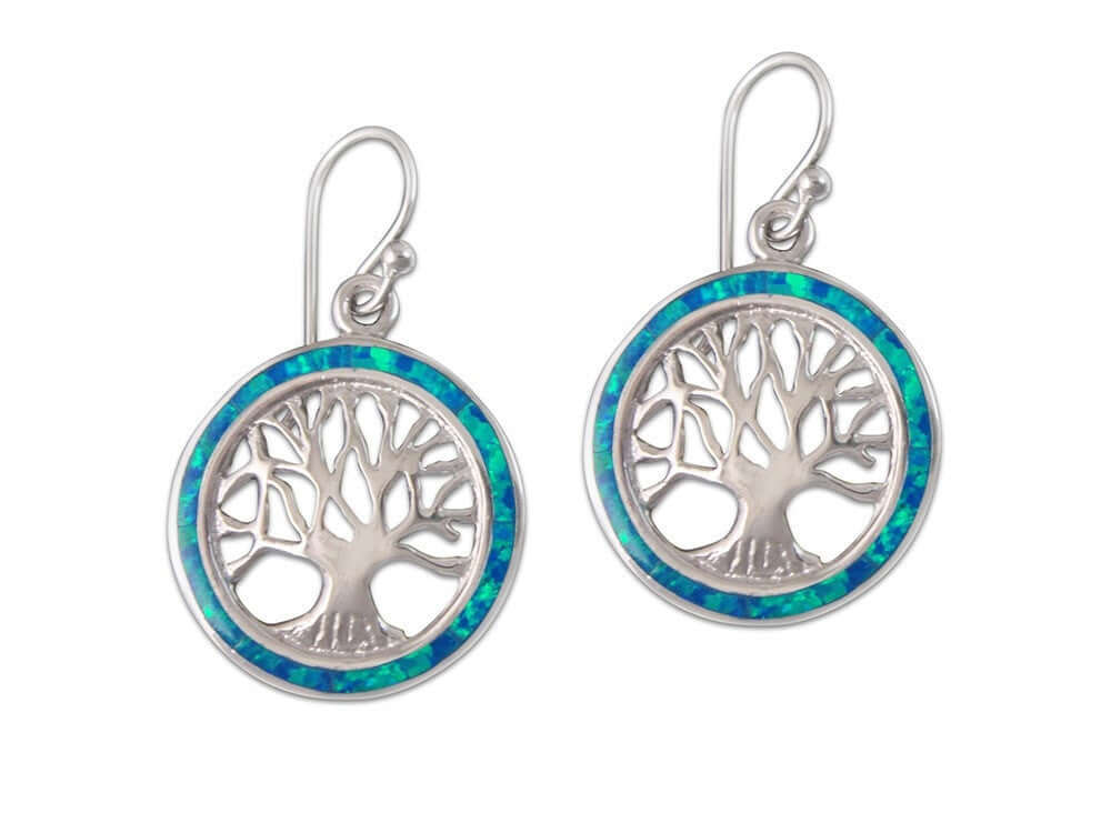 925 Sterling Silver Hawaiian Blue Fire Opal Tree of Life Dangle Earrings SetEdit