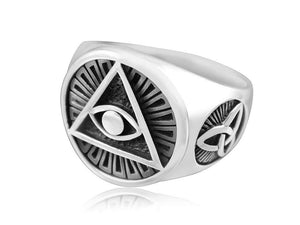 925 Sterling Silver Egyptian Eye of God Horus Udjat Illuminati Celtic Triquetra Ring