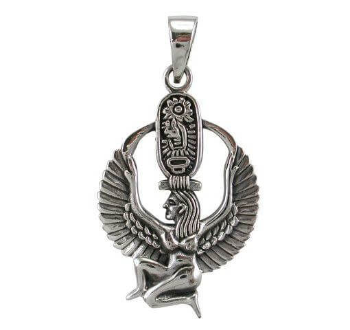 925 Sterling Silver Egyptian Winged Goddess Isis Sekhmet Cartouche Charm Pendant - SilverMania925