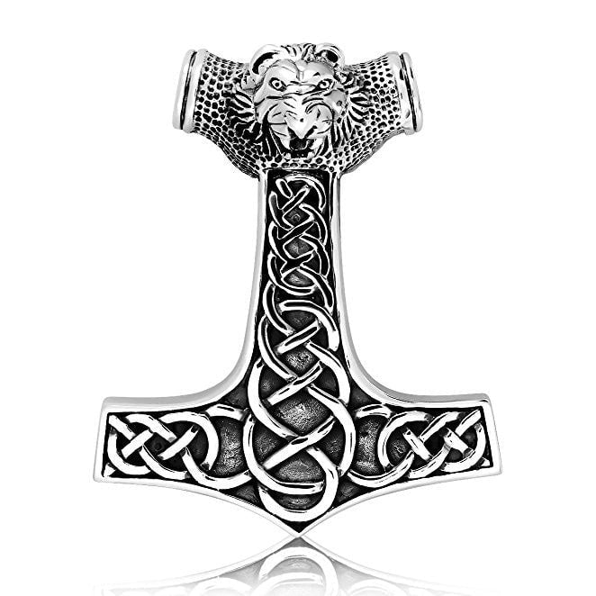 925 Sterling Silver Viking Thor Hammer Mjölnir Mjolnir Lion Head Norse Amulet Pendant - SilverMania925