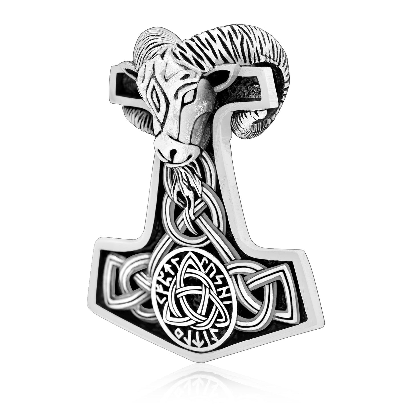925 Sterling Silver Viking Mjolnir Goat Amulet with Triquetra Knot - SilverMania925