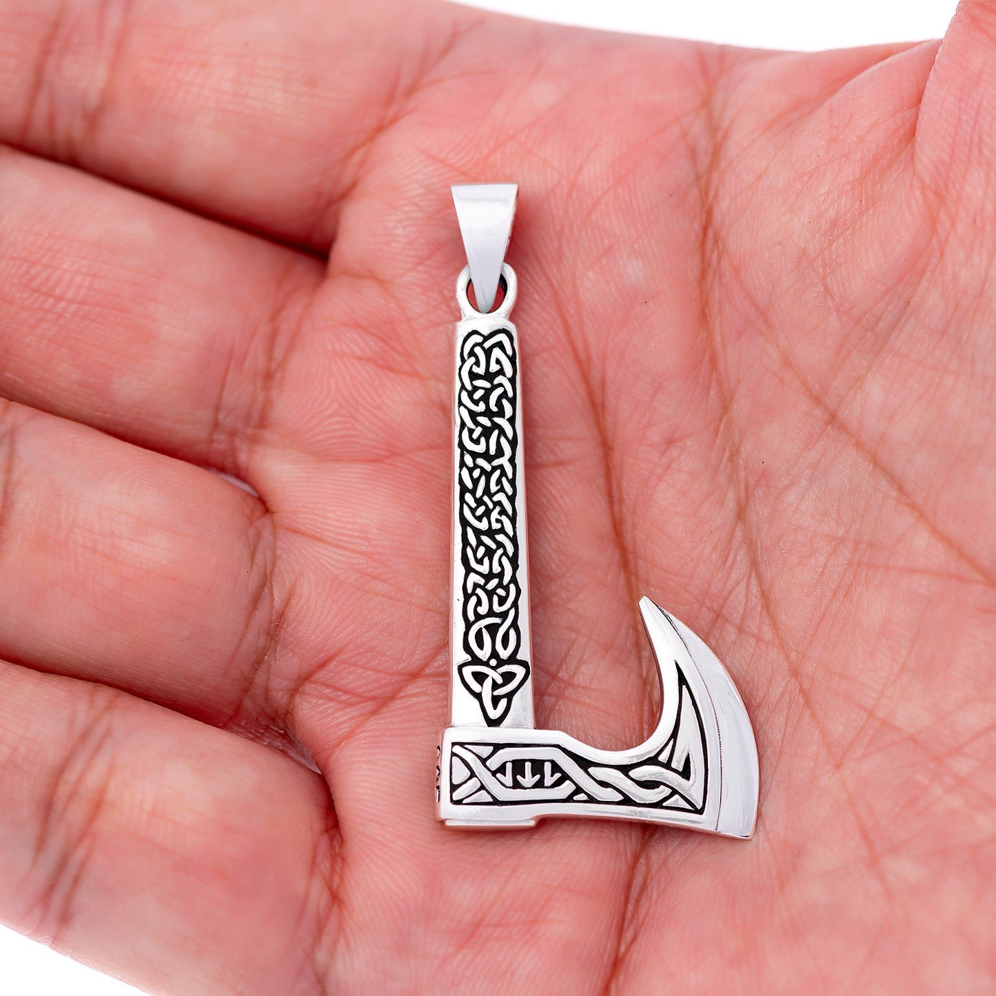 Sterling Silver Viking Axe Pendant with Pagan Knotwork - SilverMania925