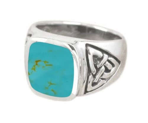 925 Sterling Silver Mens Rectangle Turquoise Celtic Irish Trinity Triquetra Knot Ring