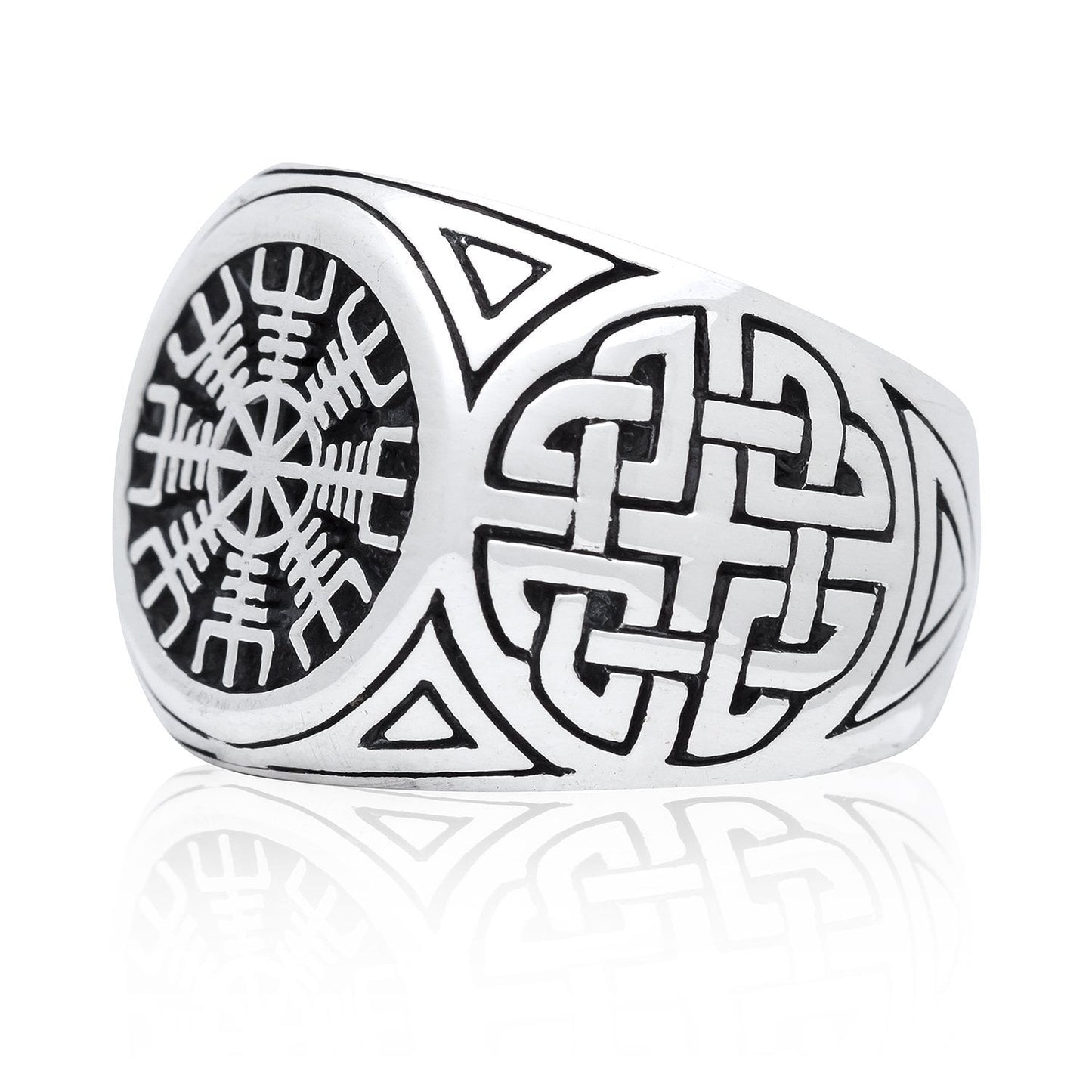 925 Sterling Silver Viking Helm Of Awe Ring with Norse Shield Knot - SilverMania925